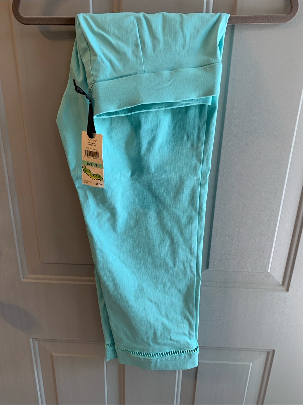 Emaline Women’s Crochet ankle crop pants Size 8 NEW Seafoam Green Easy pull-on
